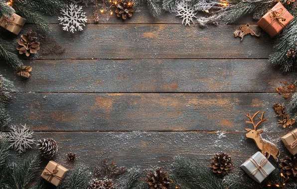 Snowflakes, branches, Board, frame, deer, Christmas, gifts, New year