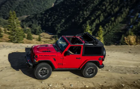Road, trees, red, open, shadow, 2018, Jeep, Wrangler Rubicon
