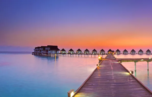 Picture sunset, bridge, the ocean, Paradise, the evening, lighting, The Maldives, resort