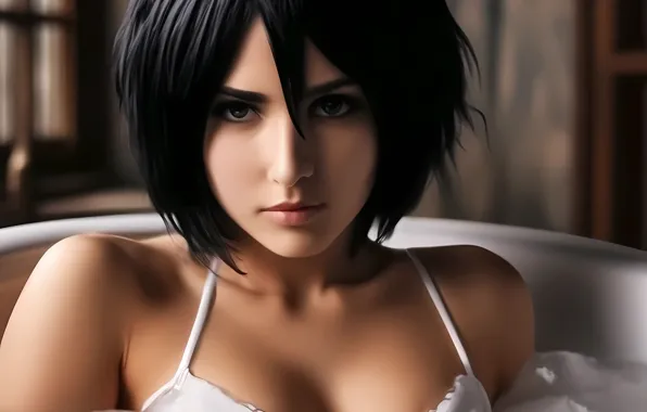 Black hair, short hair, Mikasa, taking a bath, ai art, mikasa akerman