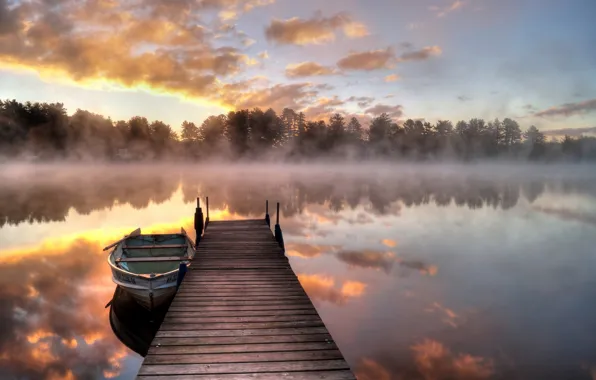 Picture fog, lake, boat, morning, the bridge