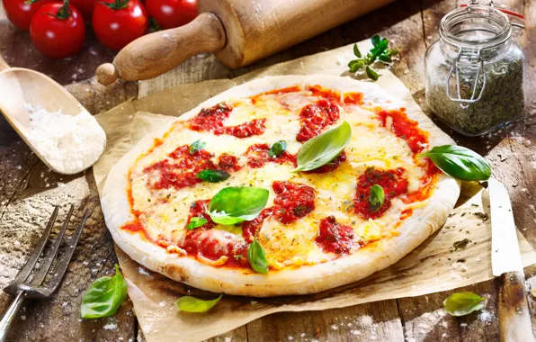 Food, cheese, knife, plug, pizza, tomatoes, pizza, dish