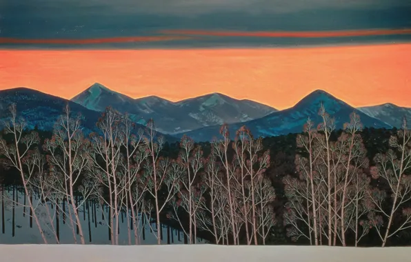 Picture landscape, forest, Red Evening. Sunset. Asgard, trees, nature, mountains, Rockwell Kent, Rockwell Kent
