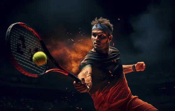 Picture The ball, Sport, Male, Tennis, Racket, The dark background, Digital art, AI art