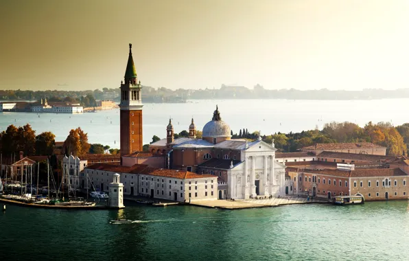 Sea, water, trees, the city, building, boats, Italy, Venice