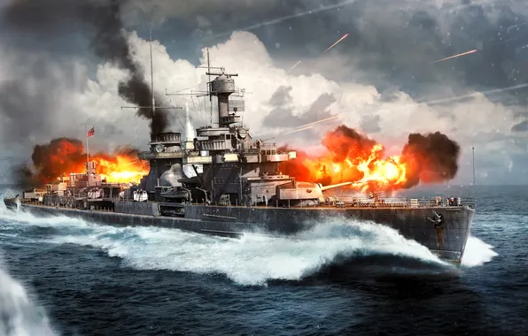 Sea, clouds, fire, war, ship, War Thunder