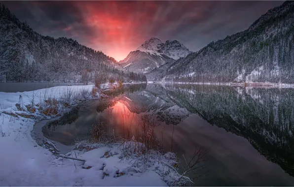 Picture winter, forest, the sky, sunset, mountains, lake, reflection