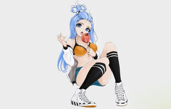 Girl, sexy, cleavage, shorts, long hair, boobs, anime, blue eyes