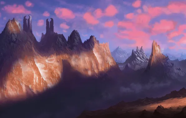 Landscape, mountains, people, sword, warrior, art, tower, traveler