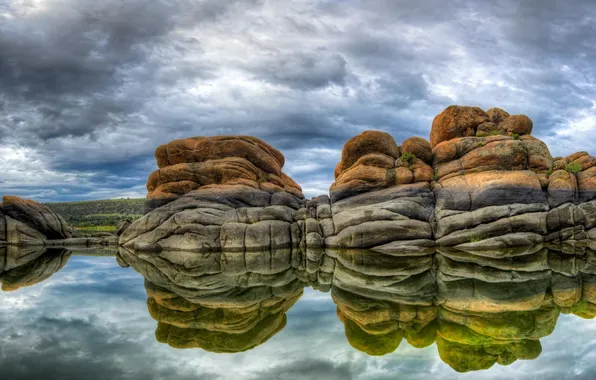 Picture the sky, lake, reflection, stones, mirror, hills clouds