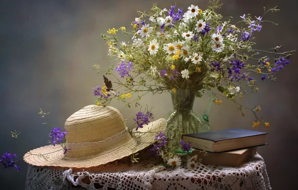 Picture summer, books, chamomile, bouquet, hat