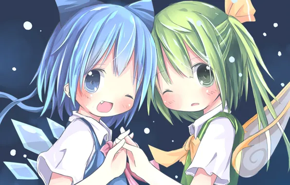 Snow, hands, wings, green hair, cuties, blue hair, wink, girlfriend