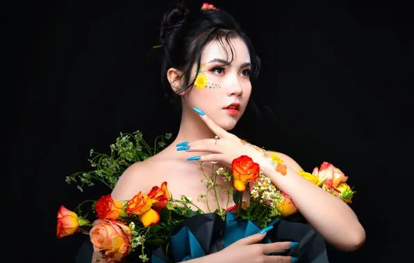 Picture girl, face, makeup, Asian, black background