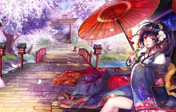 Girl, street, umbrella, Sakura