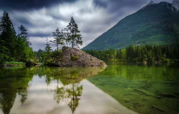 Forest, mountains, lake, reflection