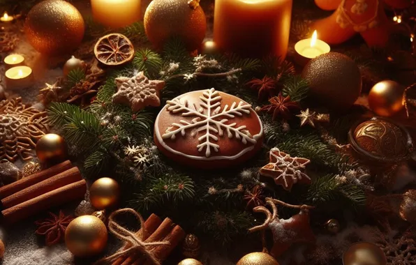 Balls, light, snowflakes, lights, table, candles, cookies, Christmas