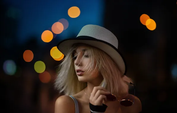 Girl, face, glare, hair, hand, hat, glasses, blonde