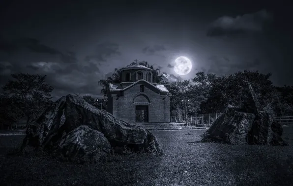 The sky, grass, clouds, night, stones, the moon, Church, the full moon