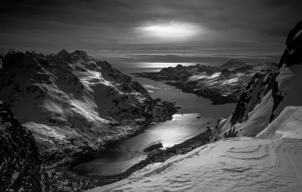 Ice, winter, mountains, Norway, black and white
