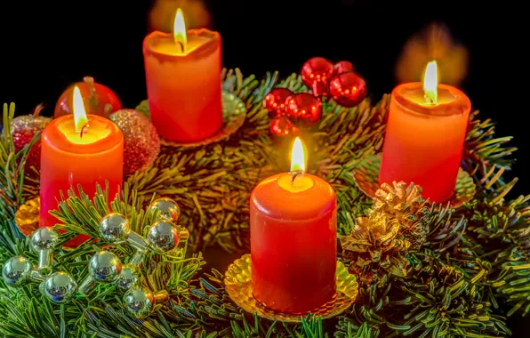 Branches, red, lights, holiday, balls, toy, new year, candles