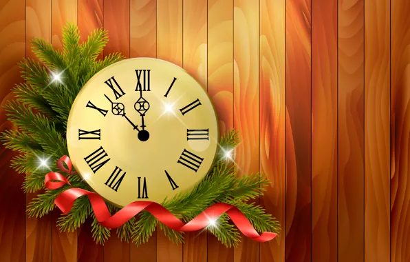 Picture branches, time, holiday, watch, vector, New year, ribbon, midnight
