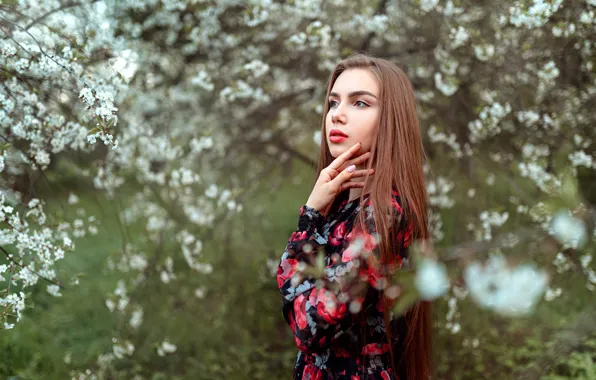 Trees, branches, model, portrait, makeup, garden, dress, hairstyle