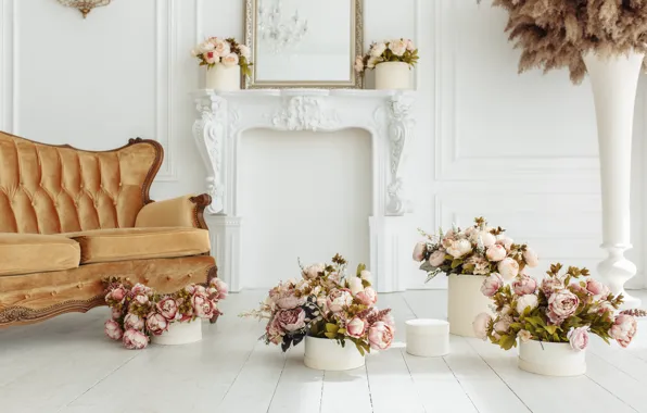 Flowers, room, sofa, fireplace, vintage, design, pink, flowers