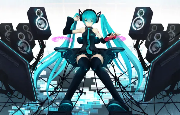 Girl, speakers, vocaloid, hatsune miku, Vocaloid, monitors