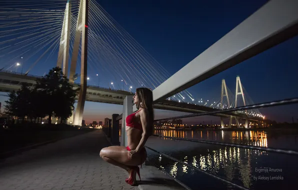 Ass, night, bridge, lights, sexy, pose, river, model