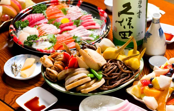 Picture fish, fruit, seafood, Japanese cuisine, meals, cuts