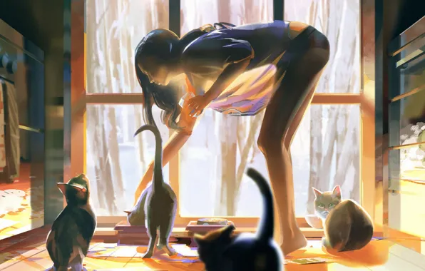 Picture girl, in the room, window, feeds, bent, four kittens, by lin-a