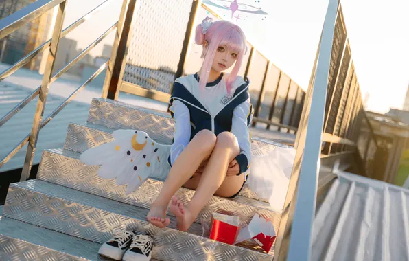 Legs, barefoot, women, cosplay, feet, outdoors, looking at viewer, Blue Archive