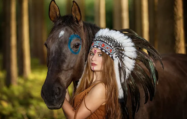 Girl, pose, horse, horse, feathers, fantasy, headdress, woman