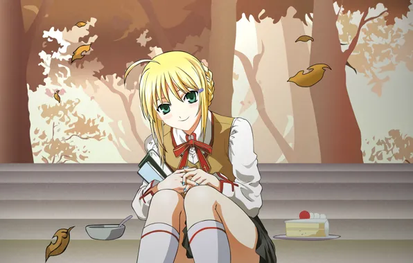Autumn, girl, stage, cake, the saber, Fate stay night, Fate / Stay Night