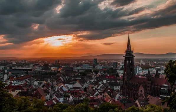 The sky, clouds, sunset, clouds, the city, hills, view, building
