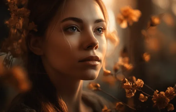 Look, girl, light, flowers, close-up, branches, face, portrait