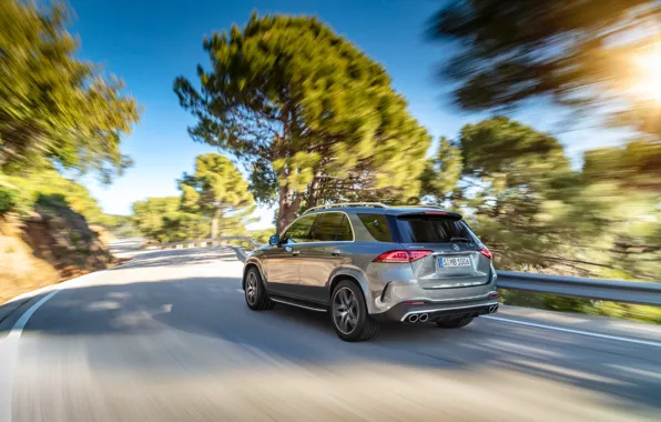 Road, machine, asphalt, the sun, trees, Mercedes-Benz, crossover, Mercedes-AMG