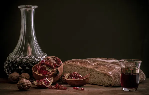 Autumn, wine, harvest, juice, bread, still life, garnet, walnut