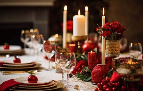 Balls, flowers, branches, interior, candles, glasses, Christmas, plates