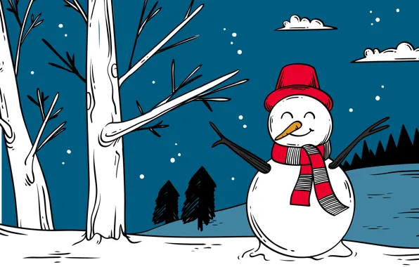 Forest, snow, trees, branches, graphics, hat, scarf, Christmas