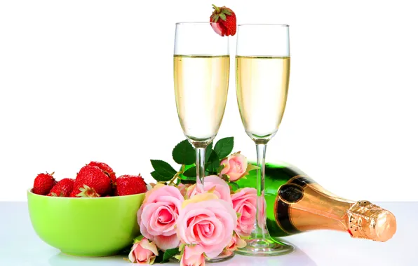Flowers, roses, glasses, strawberry, champagne
