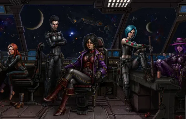 Space, stars, fiction, girls, planet, art, team, captain