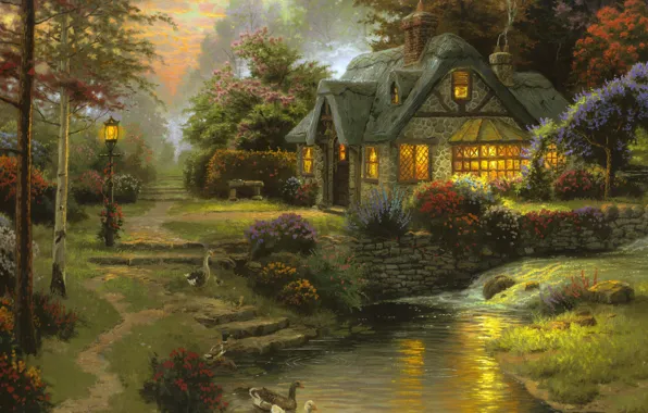 Picture summer, sunset, the evening, river, painting, cottage, bench, art