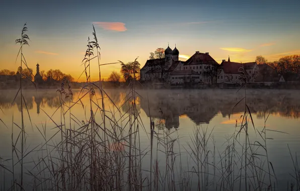 The sky, clouds, sunset, fog, lake, reflection, dawn, stems