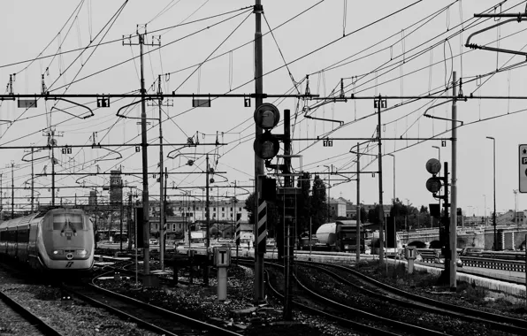 Rails, train, black and white, railroad, monochrome, rail journey