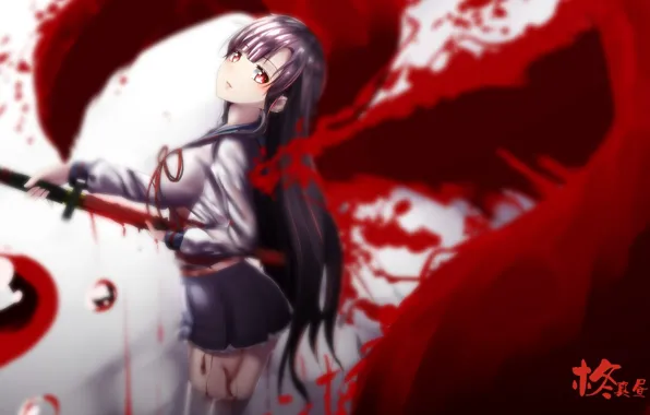 Picture girl, weapons, blood, wings, katana, anime, art, form