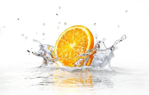 Water, squirt, white background, water, orange slice, white background, sprays, orange slice