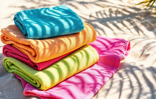 Colorful, beach, sand, towels, stacked
