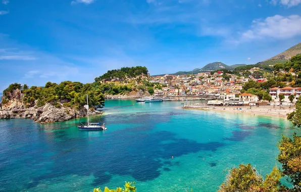 Sea, beach, Marina, home, ships, Greece, promenade, Corfu