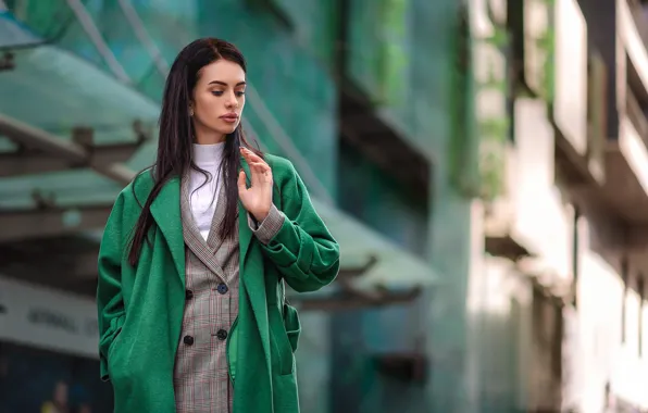 Picture girl, pose, brown hair, coat, bokeh, Dmitry Medved